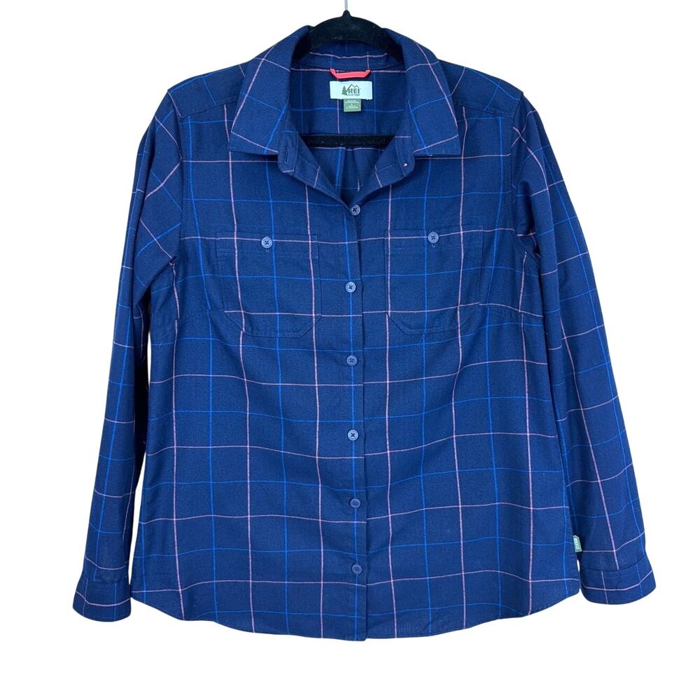 REI Blue Plaid Button Up Wool Blend Shirt Size LARGE